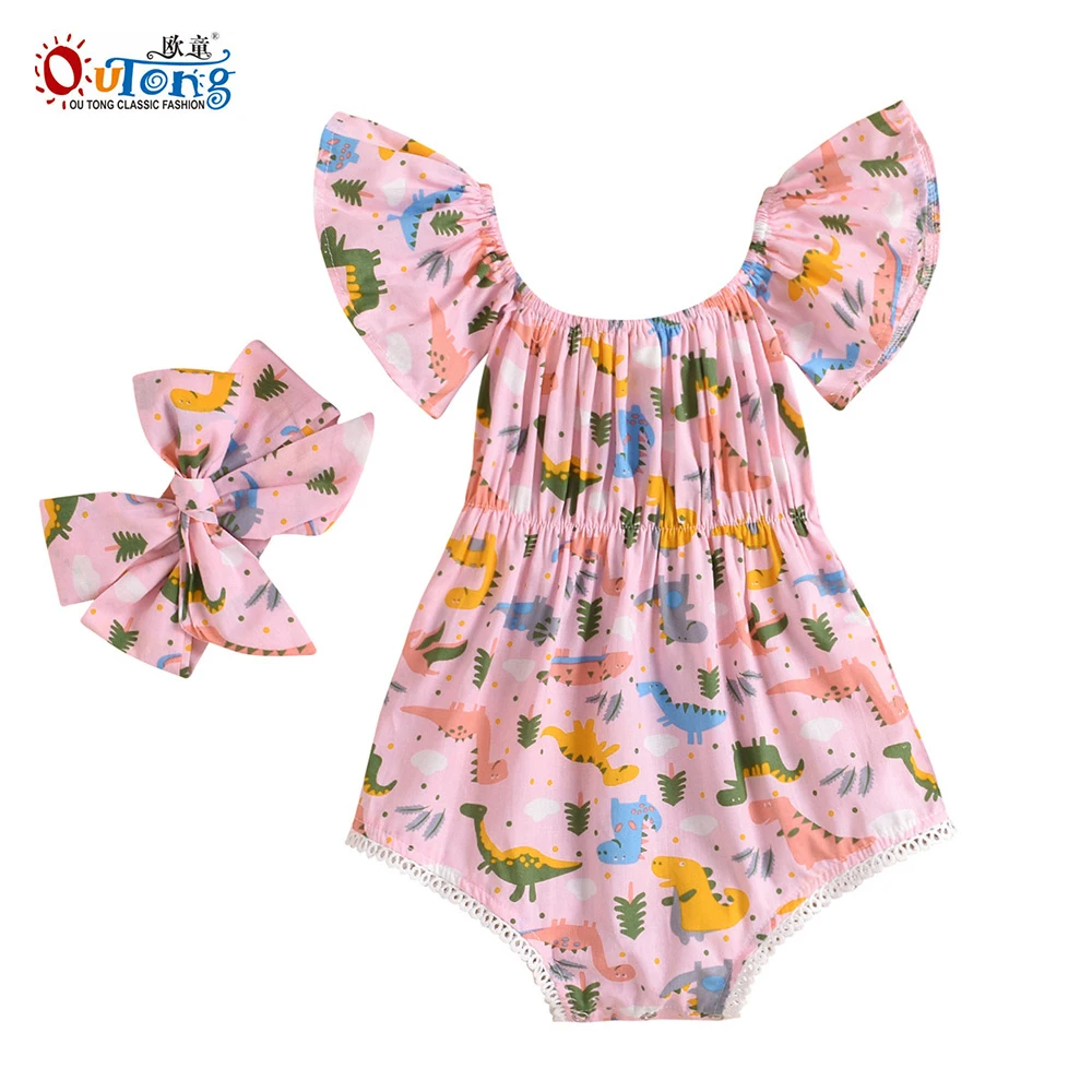 

Outong Summer Casual Baby Girl Clothes Dinosaur Print Ruffle Baby Romper Infant Jumpsuit Outfits Newborn Bodysuit With Headband