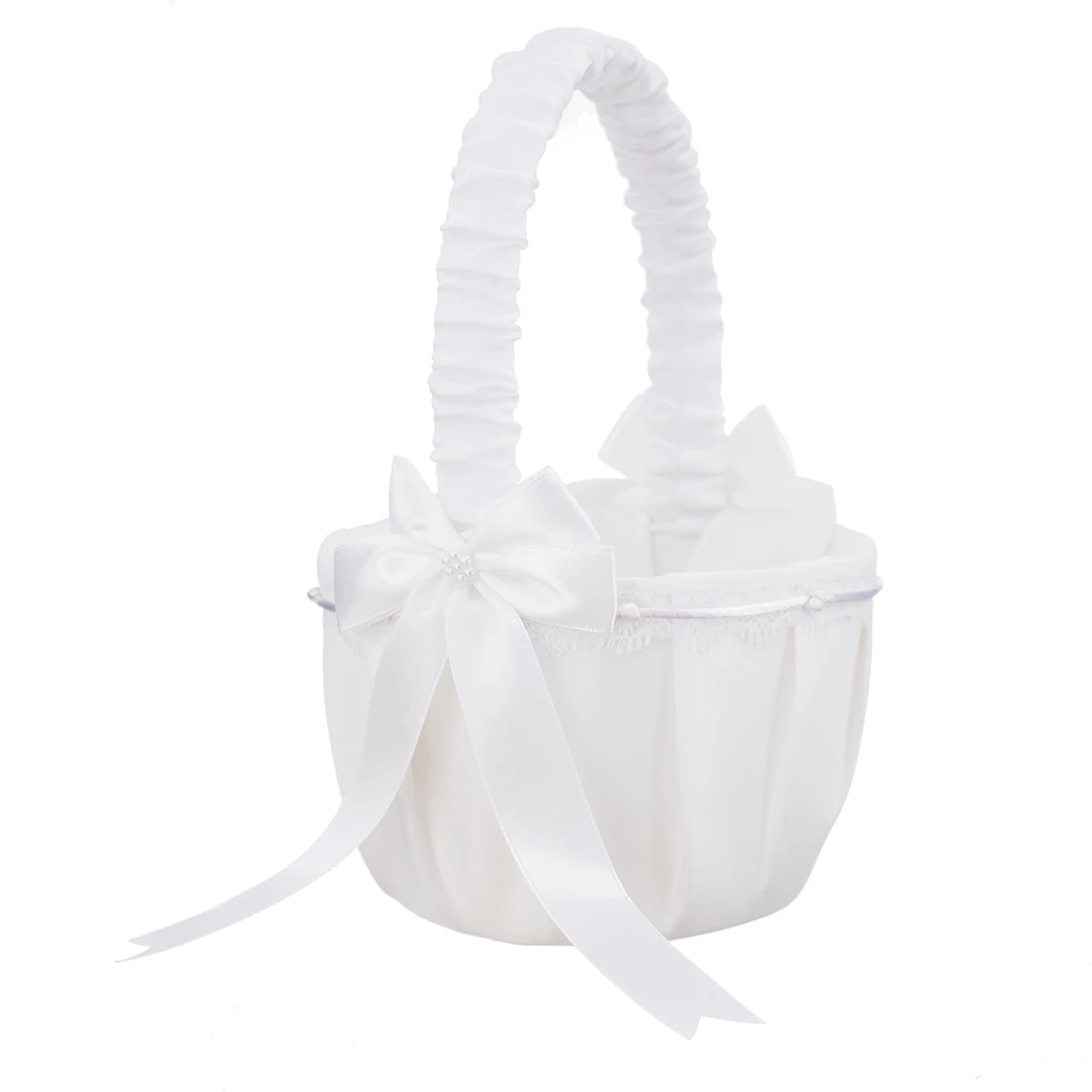 

White Satin Bowknot Lace Trim Flower Girl Basket For Wedding Ceremony Garden Supply