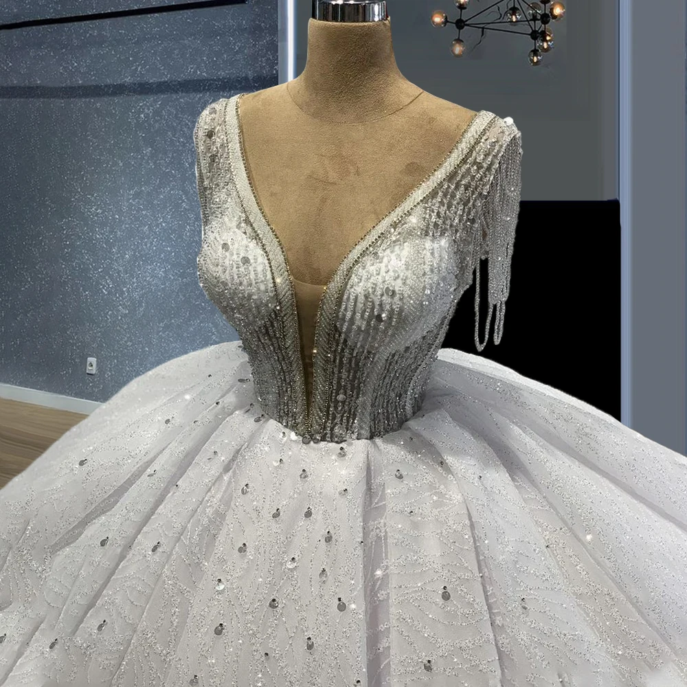 

Bling Bling luxury Crystals Tassels Floor Length Ball Gown Wedding Dresses 2021 Mariage Robe De Marie