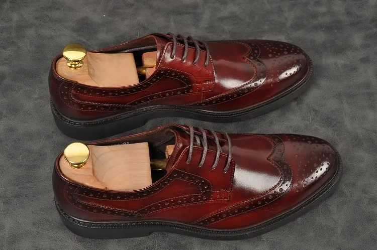 Men Bullock carved Oxford black red wine pointed toe lace up flat formal shoes Genuine leather party wedding | Обувь