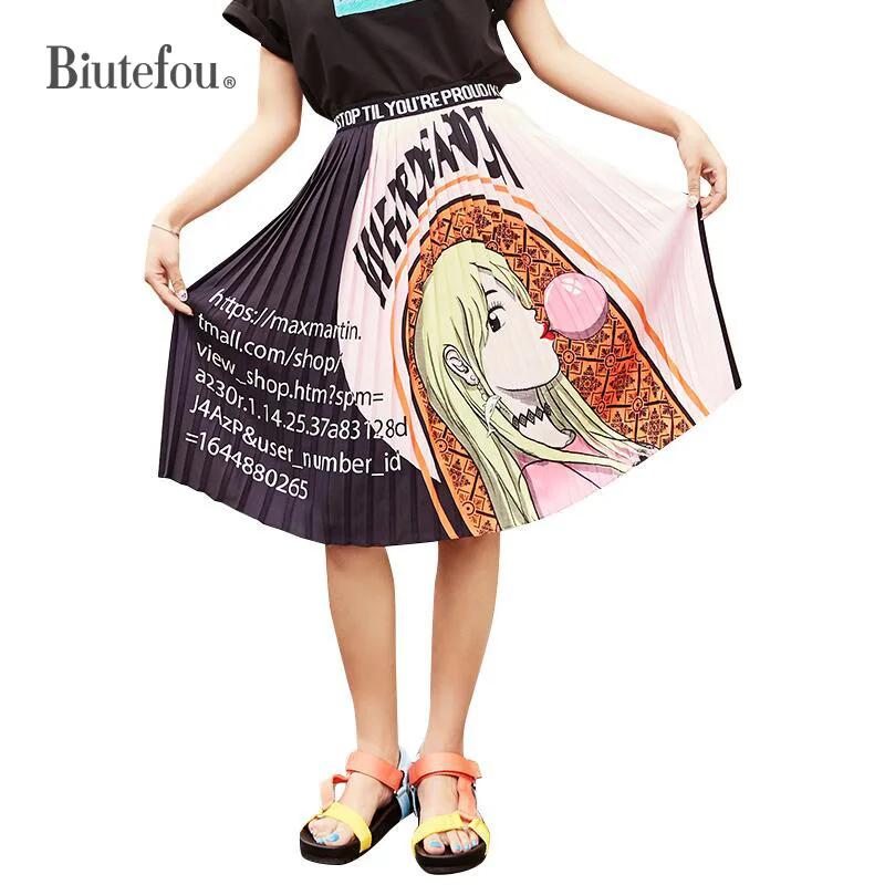 

2021 Summer Women Loose Cartoon Print High Waist Pleated Skirt