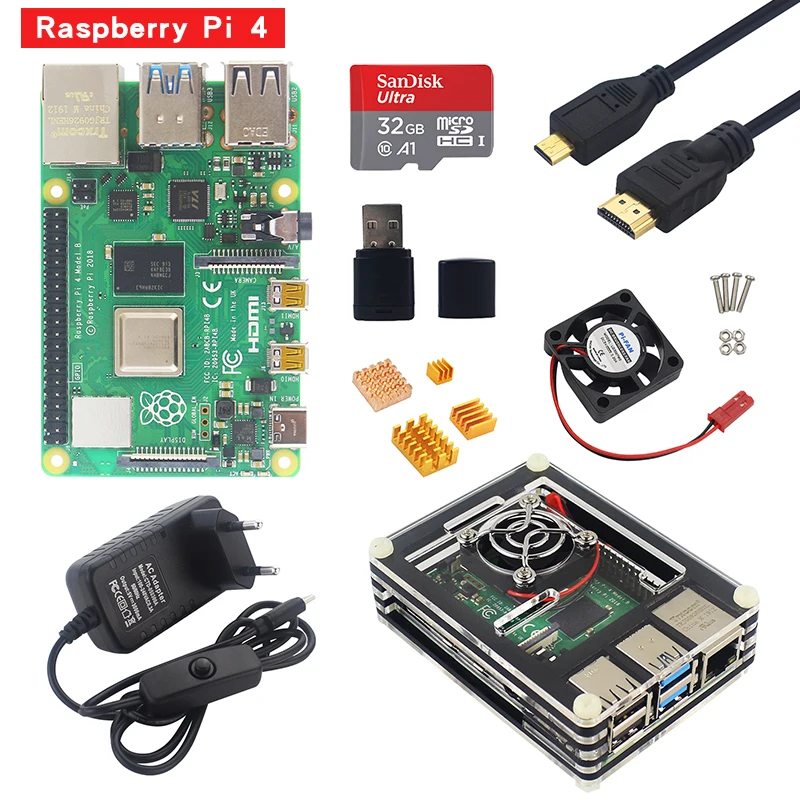 Raspberry Pi 4 Модель B стартовый комплект 1G 2G 4G ram 2,4G и 5G WiFi Bluetooth 5,0 Micro HDMI+ чехол+ источник питания Raspberry Pi 4B