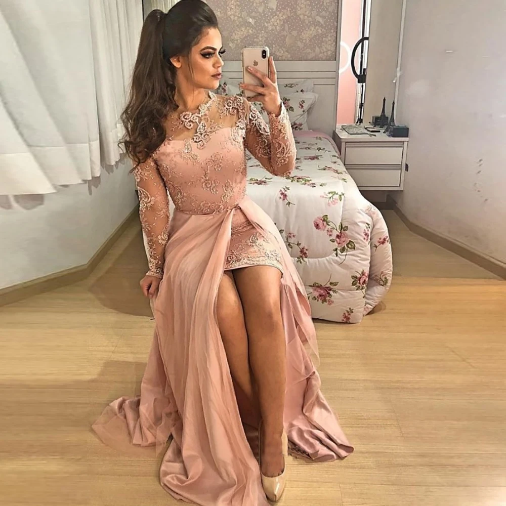 

O-Neck Custom Long Sleeve Applique Lace NONE Train Satin New Prom Party Gown Straight Evening Dresses Thigh-High Slits