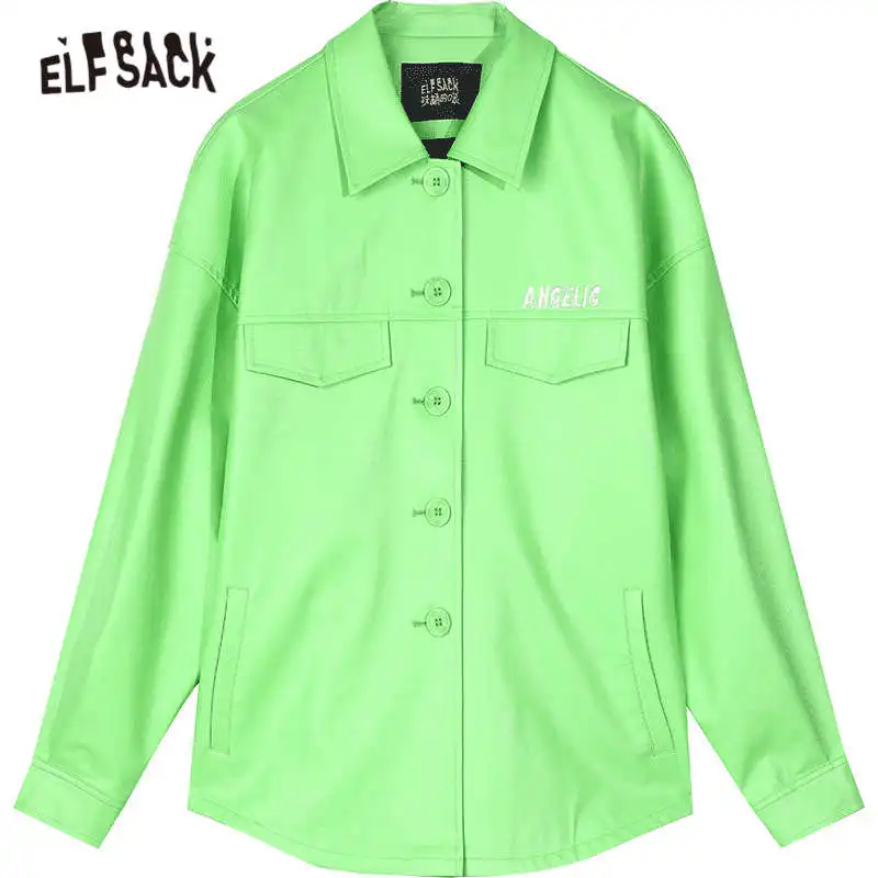 

ELFSACK Locomotive Solid Single Button Oversize Women Leather Jacket,2020 Autumn ELF Full Sleeve,Casual Ladies Daily Outwears