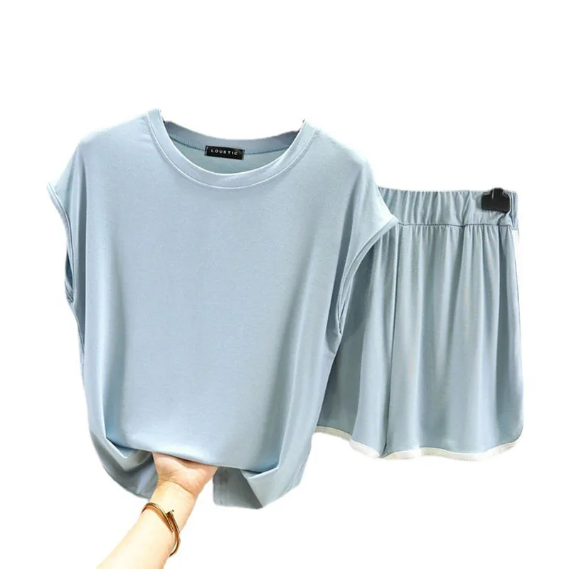 

2021 New Summer Modal Homewear Women Korean Short Sleeve Pajamas Shorts Thin Home Suit Female Plus Size Loose Casual Loungewear
