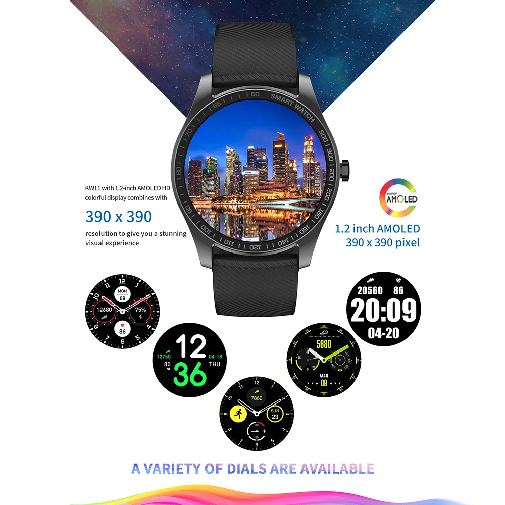 Kingwear KW11 Смарт часы для мужчин 1 2 дюймов AMOLED сенсорный Экран браслет занятий