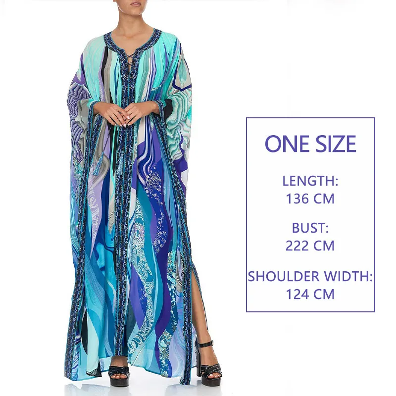 

COOBBU Print Kaftan Dress Women Lace Up Overized Robe Blue Loose Pareo Long Dresses Bohemian Beach Cover-Ups