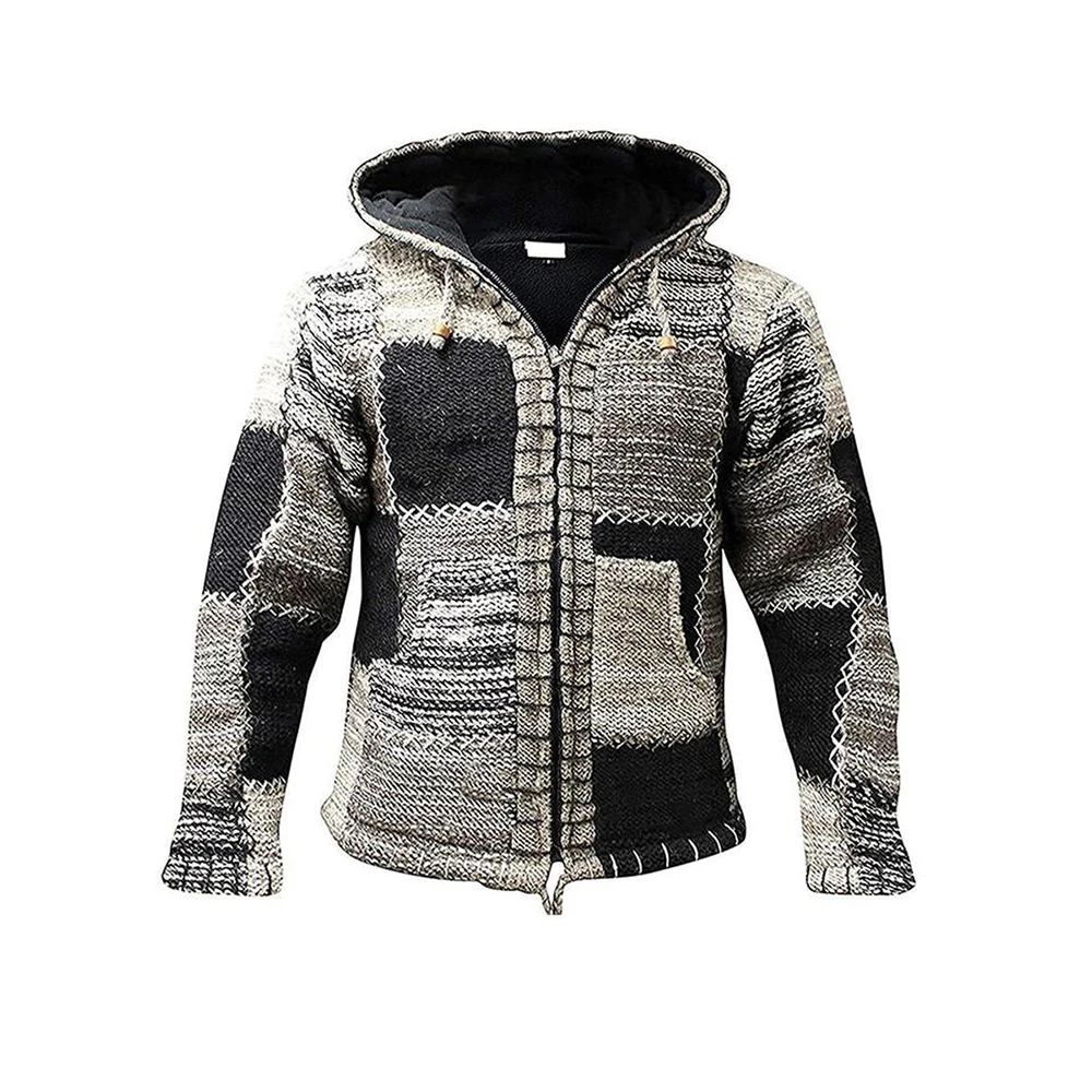 

Retro Jacket Winter Sweater Mens Patchwork Coats Hoodies Casual Warm Long Sleeve Knit Full Zip Coat Top