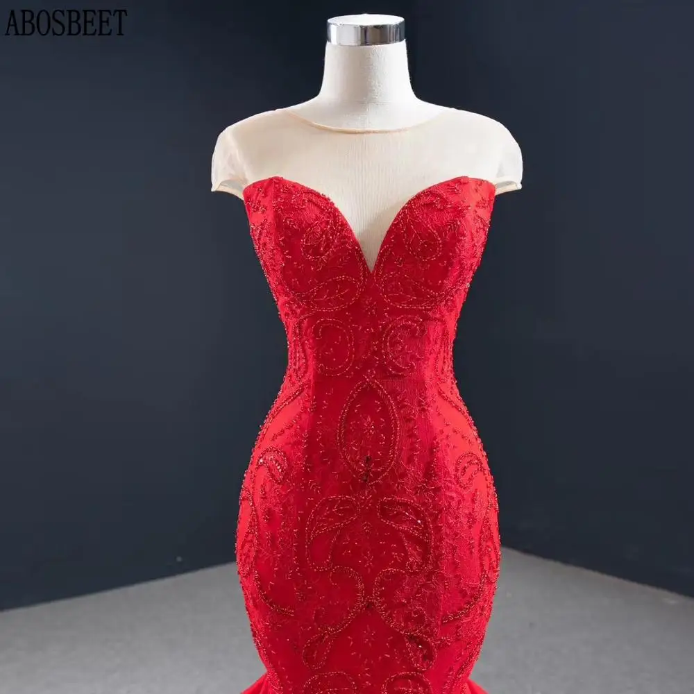 DD JYOY Elegant Lace Mermaid Evening Dress Long Red Luxury Beads Short Sleeve Evening Gown Small Train Lace Up Back Women Prom