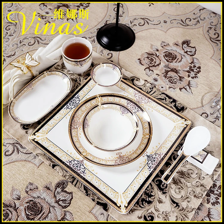 Европейский стиль керамический набор посуды Золотая инкрустация фарфоровая