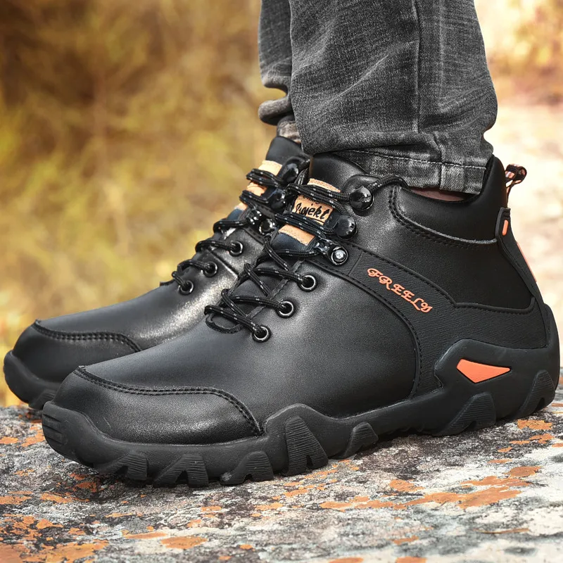 High Quality Winter Climbing Hiking Shoes Ankle Boot Black Leather Hiking Boots Men Fur Warm Snow Boots Man Trekking Sneakers