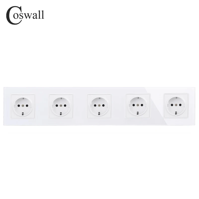 

COSWALL Wall Crystal Glass Panel 5 Gang Power Socket Grounded 16A EU Standard Quintuple Outlet With Children Protection Door