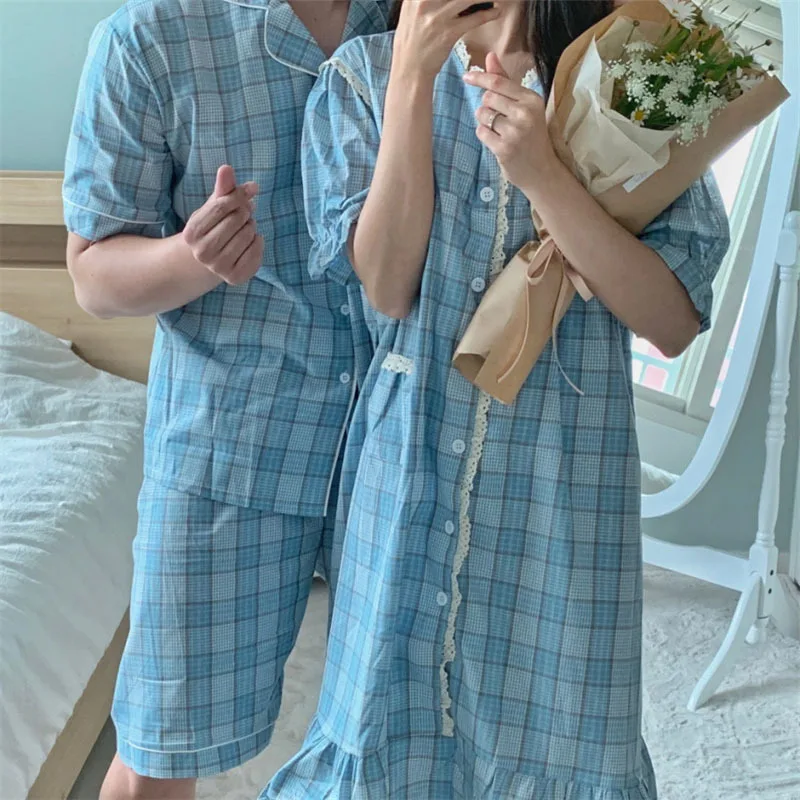 

Couple Plaid Pajamas 2021 Summer New Korean Lace Dress Men's and Women's Casual Homewear Set