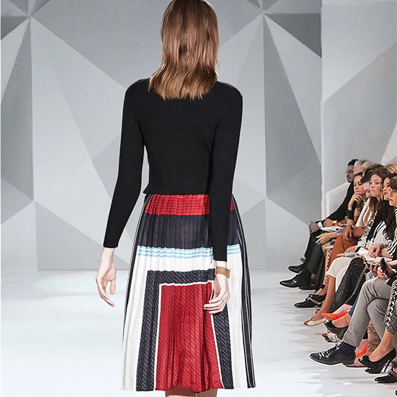 2020 Autumn 2 Piece Suits Women Lace-up Bow Black Knitted Sweater Top+ Elastic Waist Long Pleated Colour Geometry Skirt Suit | Женская