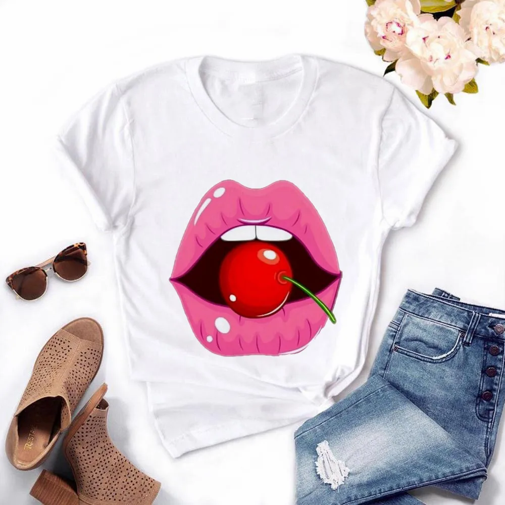 

2021 Fashion Women's T-Shirt Casual Sequins Red Lip Short Sleeve T Shirts Vintage Creativity zipper Lips T-Shirt drop ship Tees