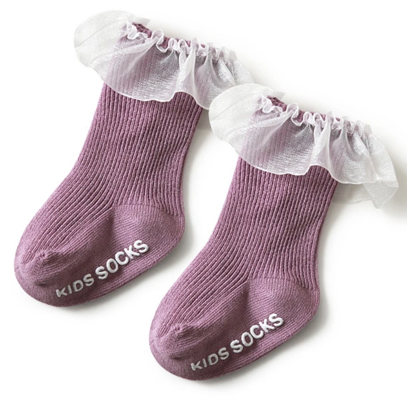 

Toddler Baby Girls Frilly Lace Trim Cotton Socks Ribbed Striped Solid Color Infants Princess Non-Slip Letters Stockings