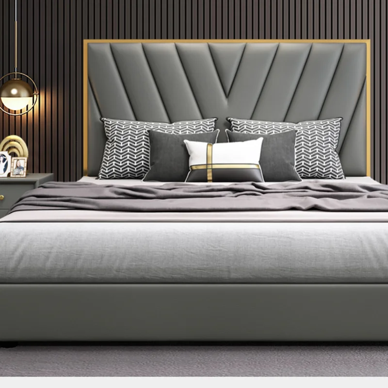 Постмодернизированная роскошная кожаная двуспальная кровать простая