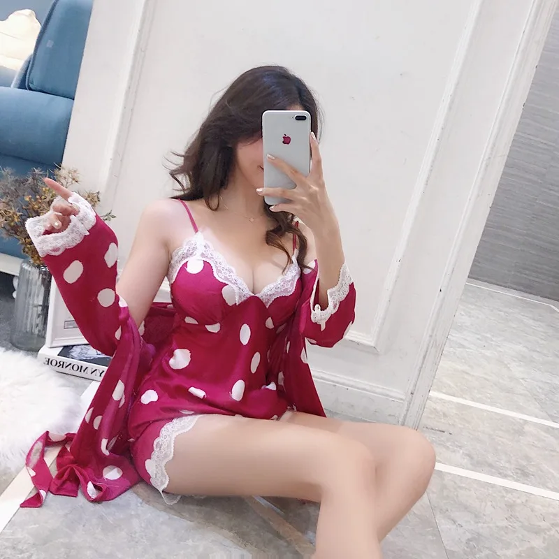 

4PCS Silk Satin Lace Sexy Lingerie Nightgown Robe Sets for Women 2020 Summer Polka Dot Bathrobe Sleepwear Nightdress Night Dress