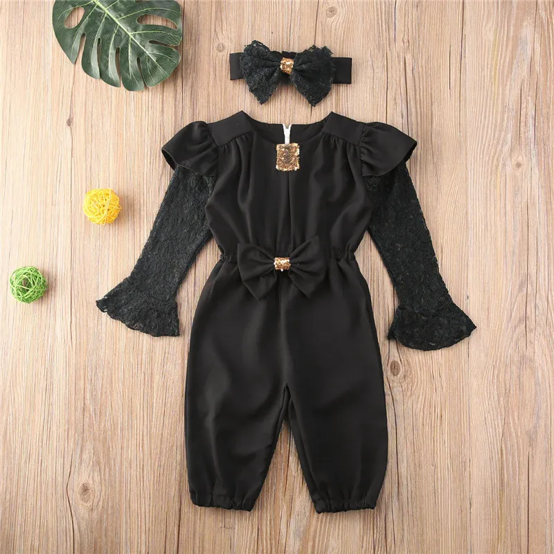 

Spring Autumn Toddler Baby Girls Lace Rompers Kid Solid Long Sleeve Bow Jumpsuit Outfit Clothes 1-5Y