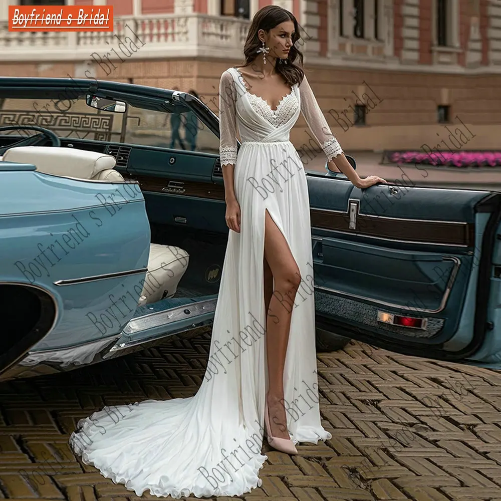 

Шифоновое свадебное платье с разрезом, с треугольным вырезом и открытой спиной, в стиле бохо, 2021