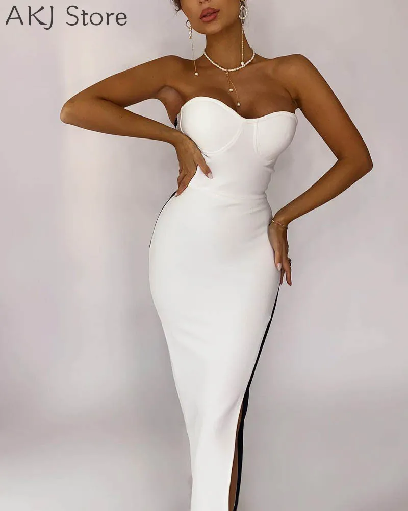 

Women Colorblock Split Thigh Skinny Strapless Long Dress