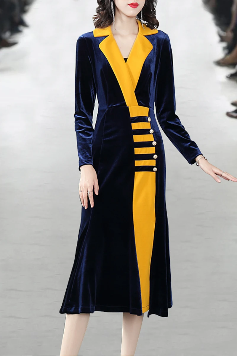 

New contrast Lapel long sleeve slim elegant velvet dress in autumn and winter 2021