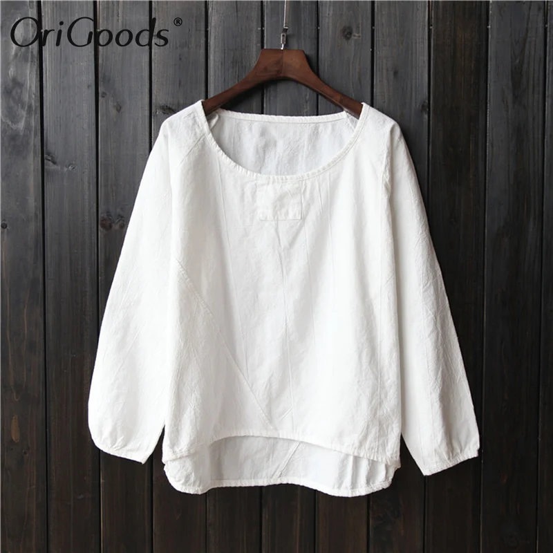 Женская хлопковая льняная блузка с круглым вырезом и длинным рукавом|blusas plus|women