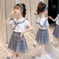 2022 summer kids teen sailor bow short sleeve t shirt jk shirt plaid skirt outfit for girls 4 6 8 10 12 years child clothes