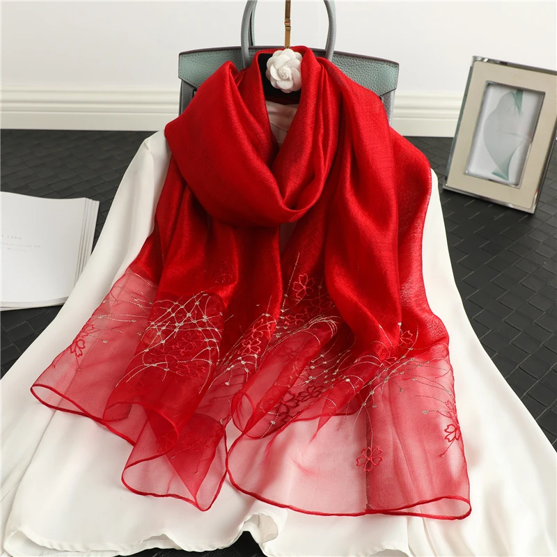 

Embroidery Women Silk Wool Scarf Hijab Floral Female Thin Foulard Bufanda Head Shawls Wraps Pashmina Beach Stoles 2021