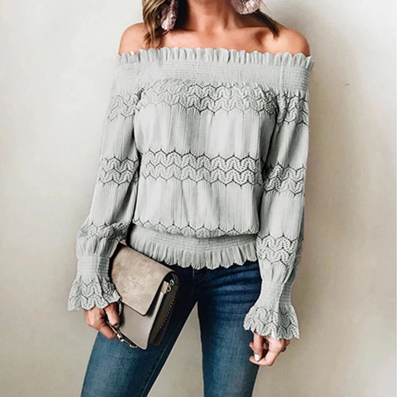 Fashion spring lace blouses women slim slash neck shirt sexy long sleeve work office tops Off Shoulder new summer female clothes |