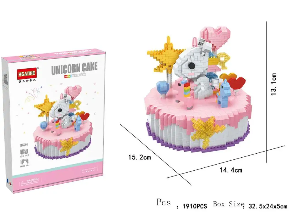 

1910Pcs Mini Brick Cartoon Unicorn Cake Block Set DIY Carousel Birthday Model Building Toy Gift For Kids
