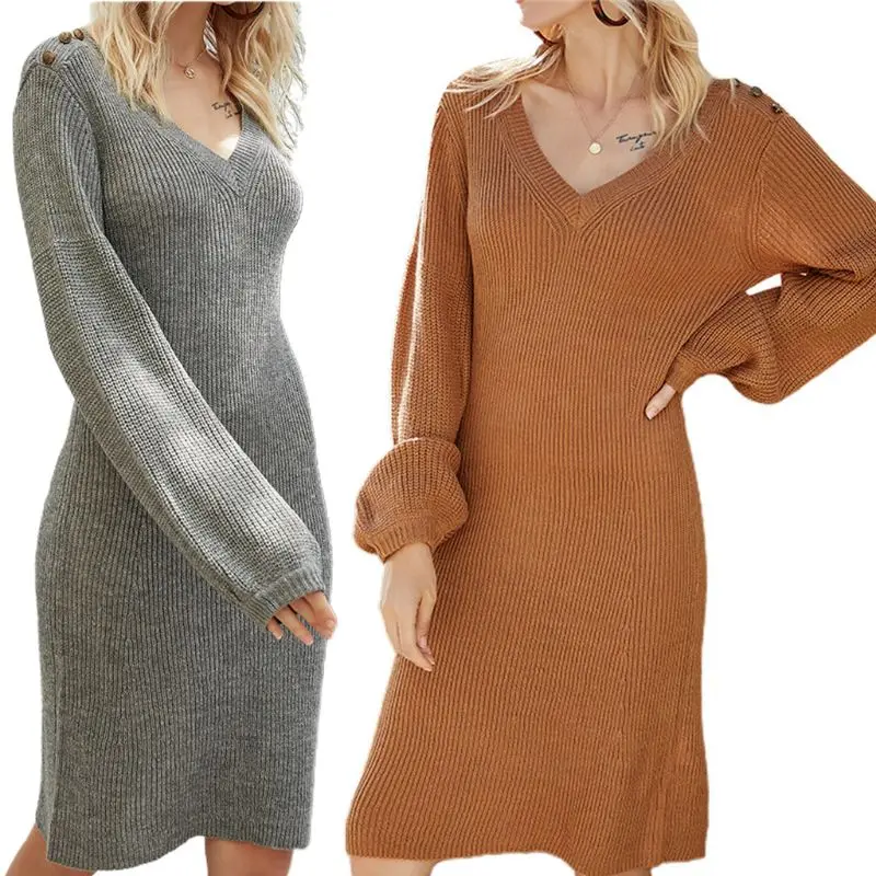 

Женское трикотажное платье-свитер средней длины с длинными рукавами-фонариками, соблазнительное однотонное свободное платье до колен с V-о...
