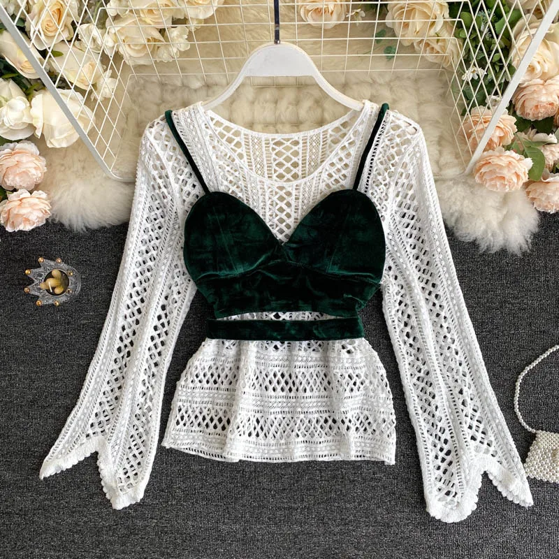 

Новинка, женская блузка, сексуальная, 2 шт., блузка, женская, с длинным рукавом, рубашка, бархатная, камзол, трикотажный пуловер, рубашка, Blusas ...