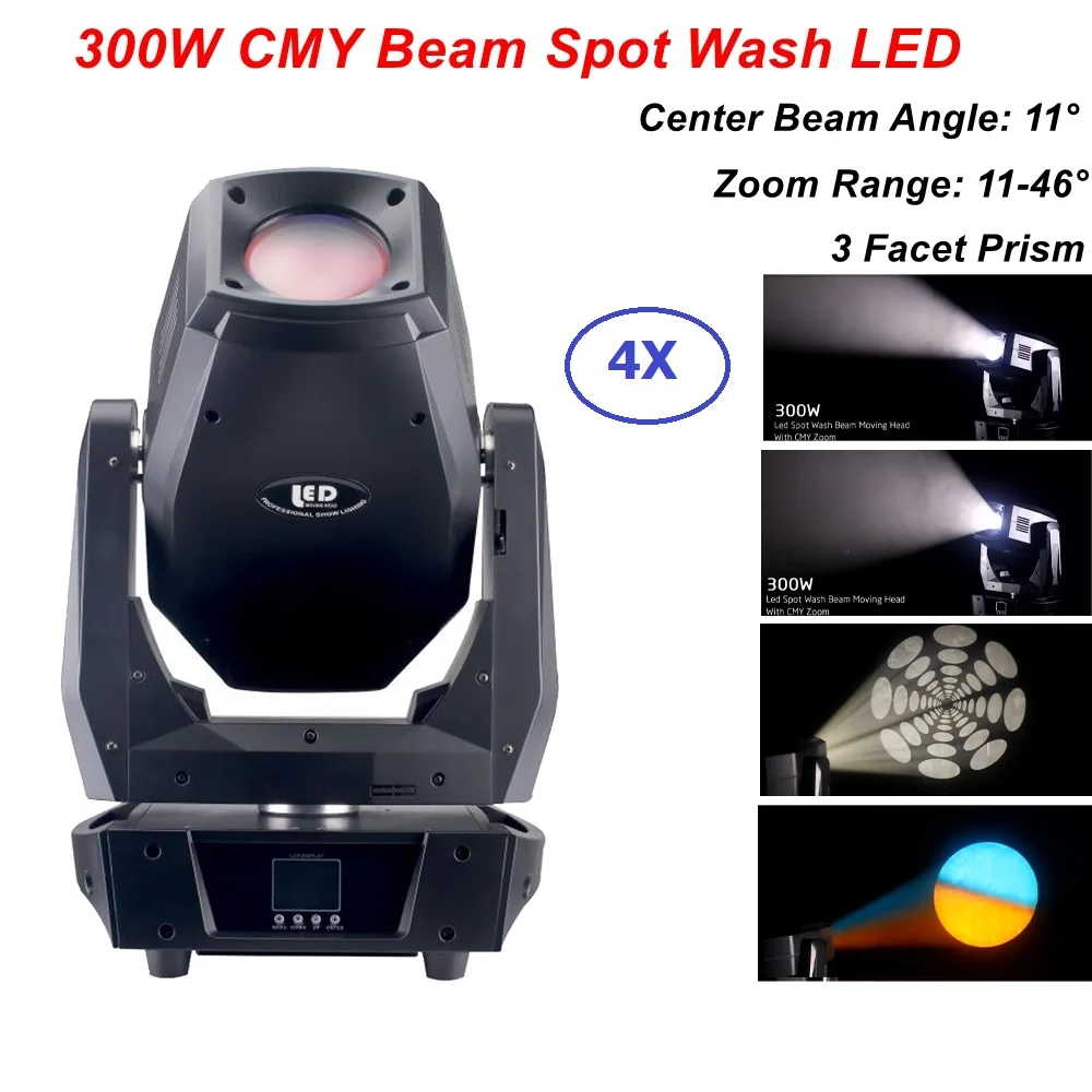 4Pcs Lights + 1Pcs Flight Case LED 300W Beam Spot Wash Zoom Light DMX512 PRO Moving Head Light DJ /Bar /Party /Show /Stage Light