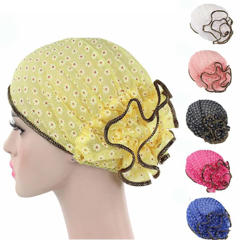 

Spring and Summer Ladies Lace Floral Turban Hat Women Turban Wrap Cap Lace Cancer Chemo Head Scarf Cap Muslim Turban Bandanas