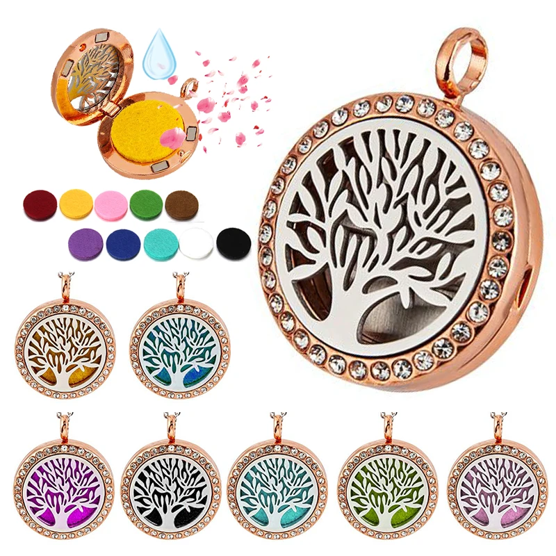 25MM Rose Gold Essential Oil Necklaces Stainless Steel Aromatherapy Necklace Magnetic Locket Pendant Jewelry with 10pads |