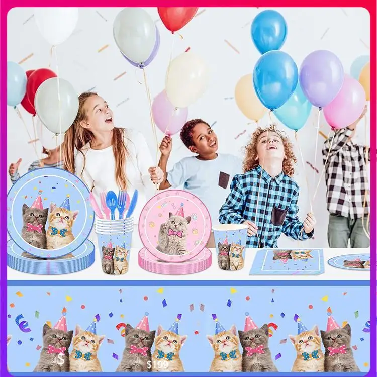 

Cat Theme Party Supplies Party Cat Tray Disposable Tableware Set Cat Tray Cup Napkin Cat Birthday Theme Baby Party Decoration