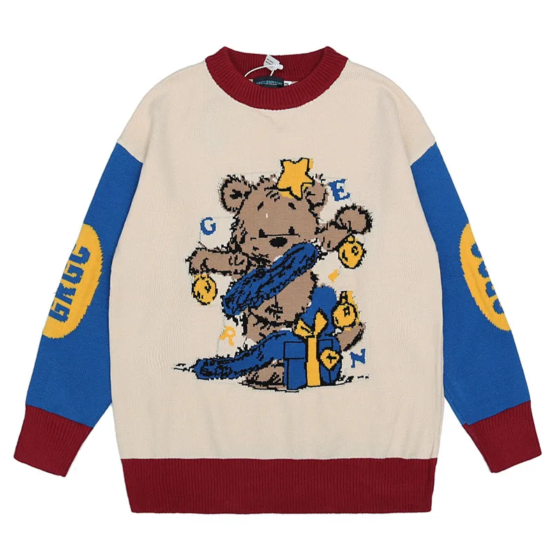 

Свитер Харадзюку Японская уличная одежда с принтом медведя контрастный трикотажный пуловер в стиле хип-хоп Повседневный хлопковый джемпер...