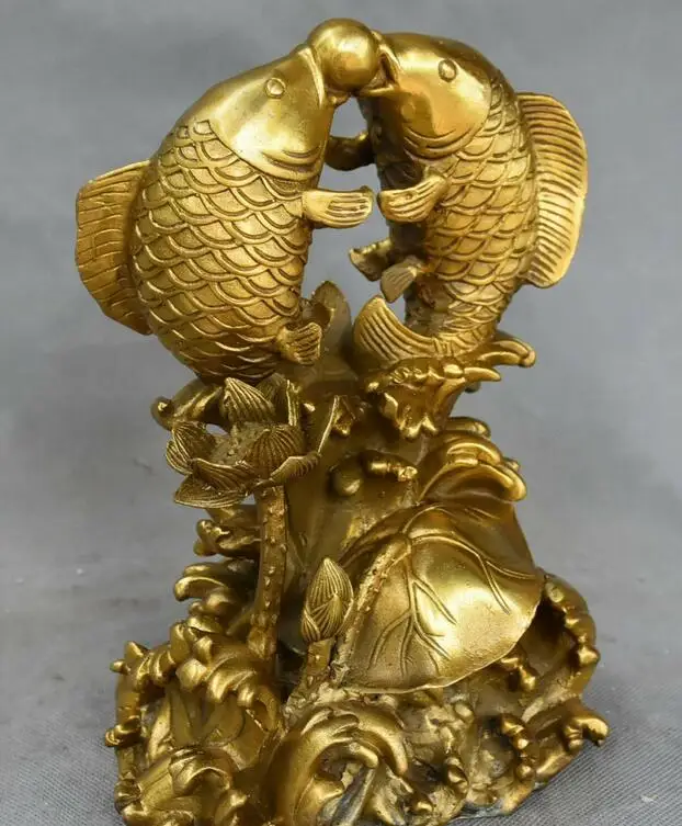 10&quot China Pure Bronze Wealth Fish Barracuda Fishes Bead Lotus Flower Statue | Дом и сад