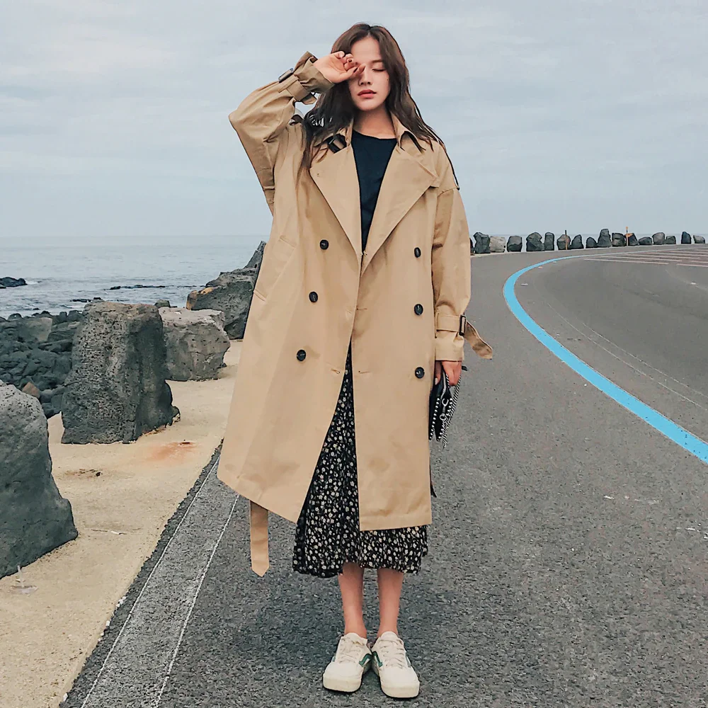 Fashion 2021 New Women Trench Coat Long Double-Breasted Belt Blue Khaki Lady Clothes Autumn Spring Outerwear Oversize Quality