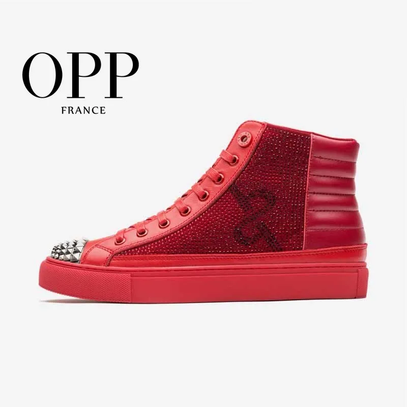 

OPP Men's Shoes High Top Men boots Genuine Leather Dot Leather Winter Boots men Zip Metal Style Shoes Ankle Boots for men