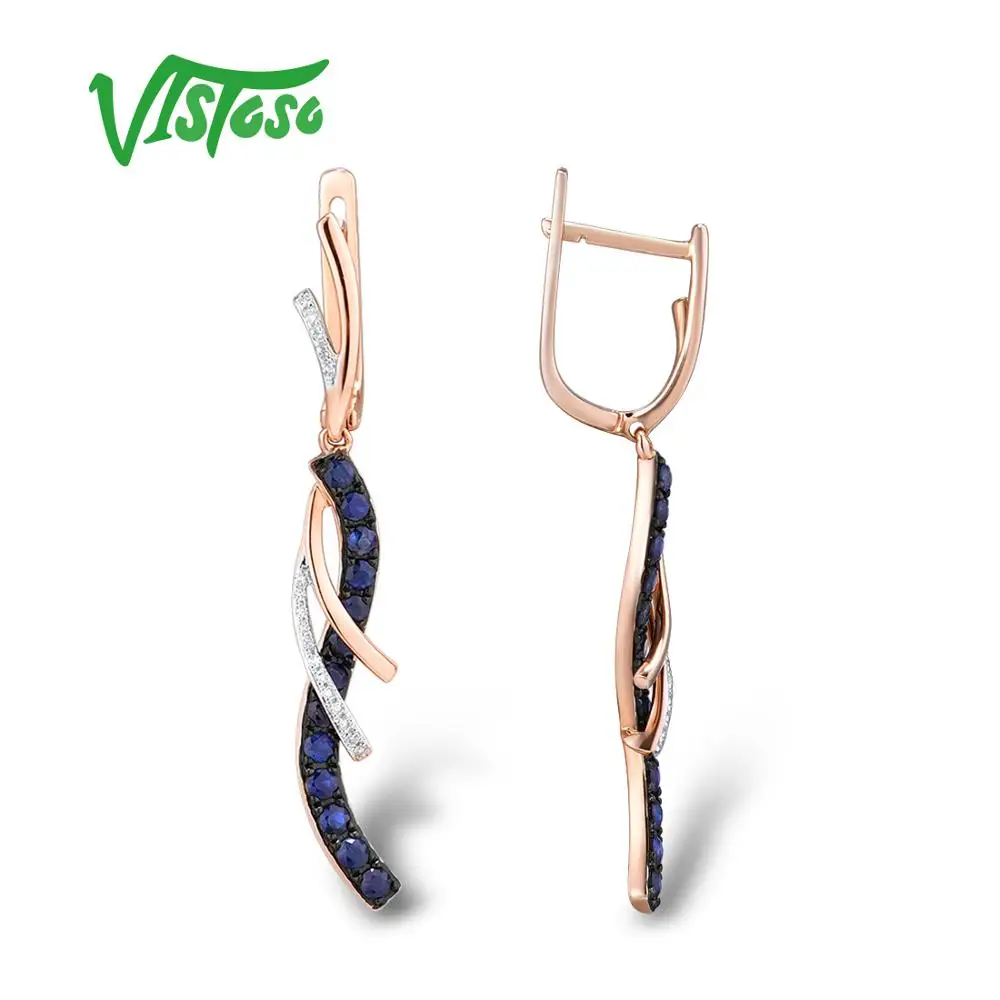 Серьги VISTOSO, золотые, для женщин, Аутентичные, 14 K, 585, розовое золото, сверкающие бриллианты, блестящие, синие, сапфировые серьги-висюльки, ювелирные украшения