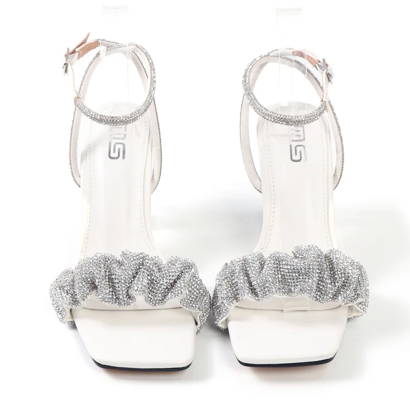 

Buckle Strap Fashion Womens Shoes 2021 Beige Heeled Sandals Large Size Luxury Black Girls Block Sexy Big Comfort High Rhinestone