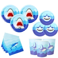 44pcs cartoon shark theme disposable tableware paper plates cups shark decorations kids 1st birthday baby shower party supplies
