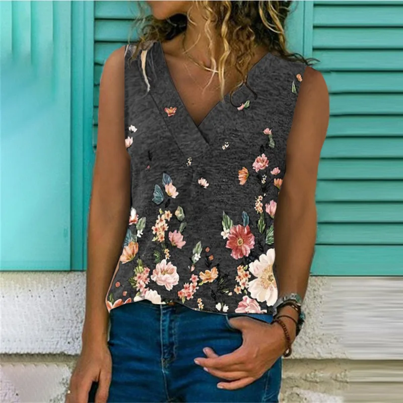 

Flowers Printed Tank Tops 2021 New Fashion Women Casual Sleeveless Vests Summer Loose V-neck T-shirts Female Trendy Streetwear