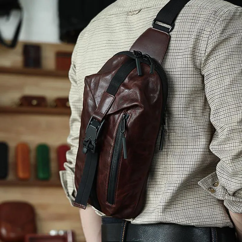 Vegetable tanned cowhide chest bag male leather multifunctional handmade retro motorcycle bag chest messenger bag