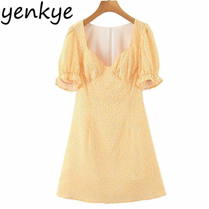 Женское винтажное платье с коротким рукавом желтое шифоновое короткое трапеция V