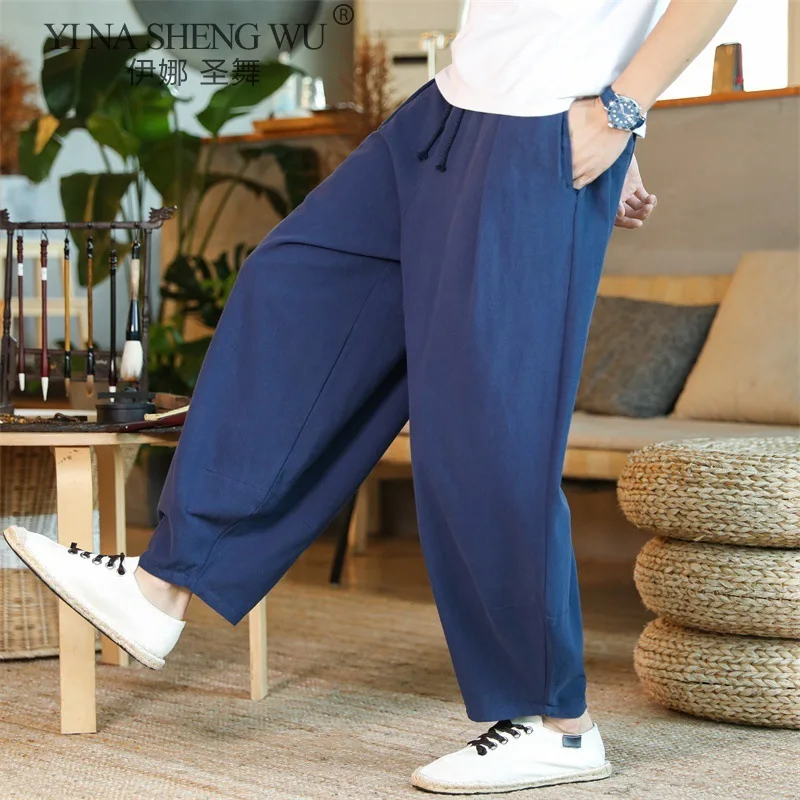 Для мужчин японский Стиль свободные штаны костюм самурая Винтаж мужские брюки