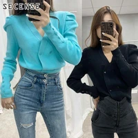 puff sleeve knitted cardigan french style black blue v neck crop top sweater romantic women 2021 new clothing secense