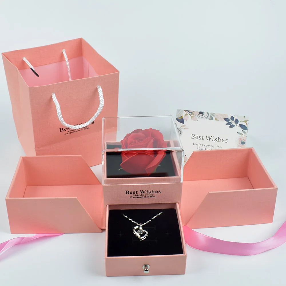 

Новый дизайн романтический подарок розы шкатулка для ювелирных изделий с 100 Язык I Love You Цепочки и ожерелья с акриловый чехол для ко Дню Свято...